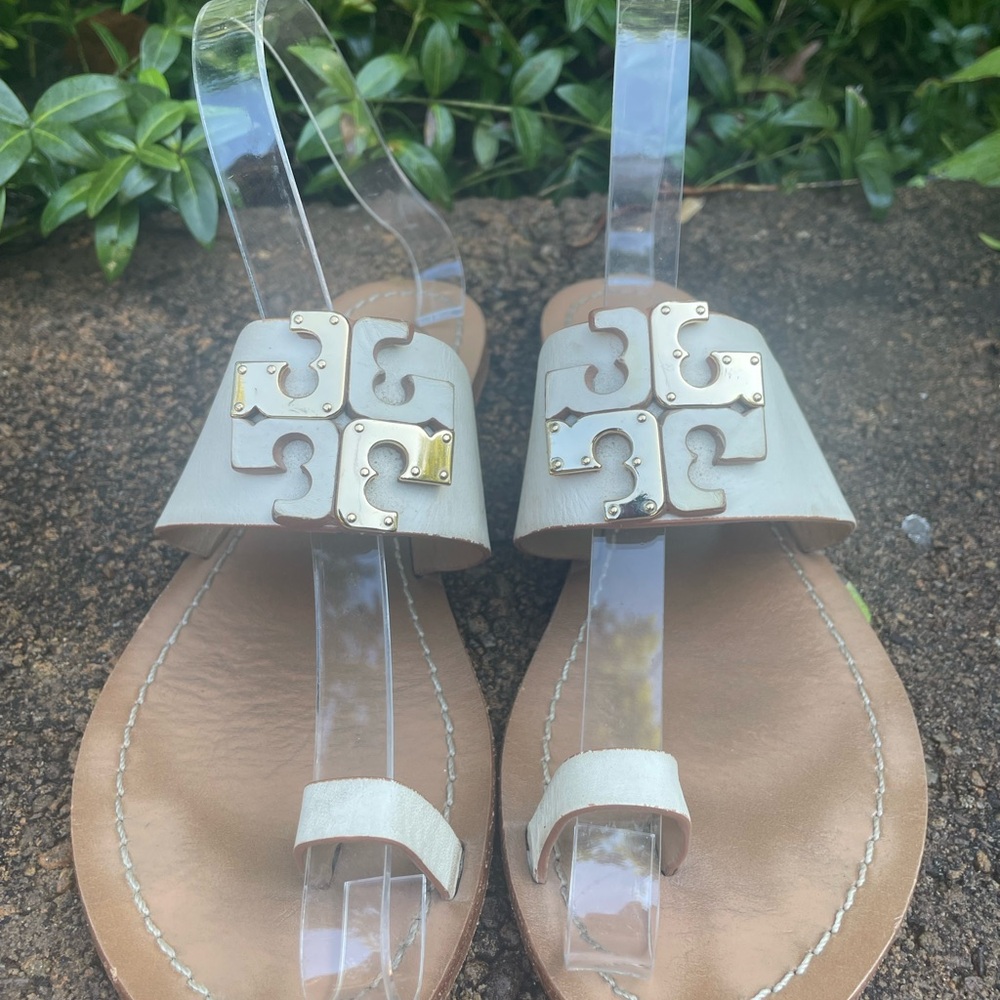 TORY BURCH Marcia Leather Toe Ring Slides Sandals Ivory Gold Size 5.5 - Picture 5 of 13